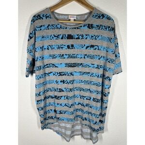 LuLaRoe Shirt Womens XS Gray Blue Stripe Floral Scoop Neck Jersey Tunic Top